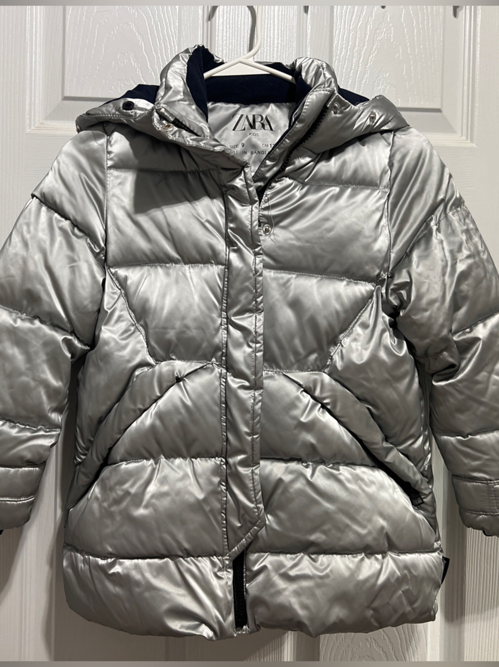 Silver Puffer Jacket with Hood - Women